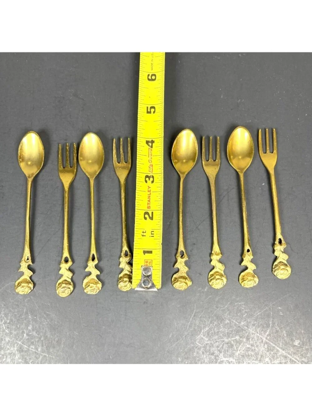 Vintage Gold Color Rose Handle Demitasse Coffee Spoon Dessert Salad Fork 8 pc